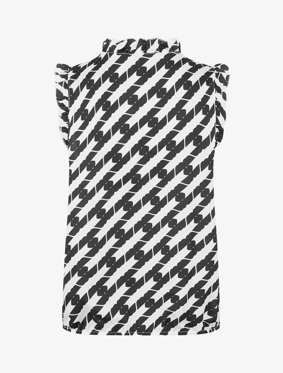 Top satiné sans manches motif fantaisie et volants - Noir - 2