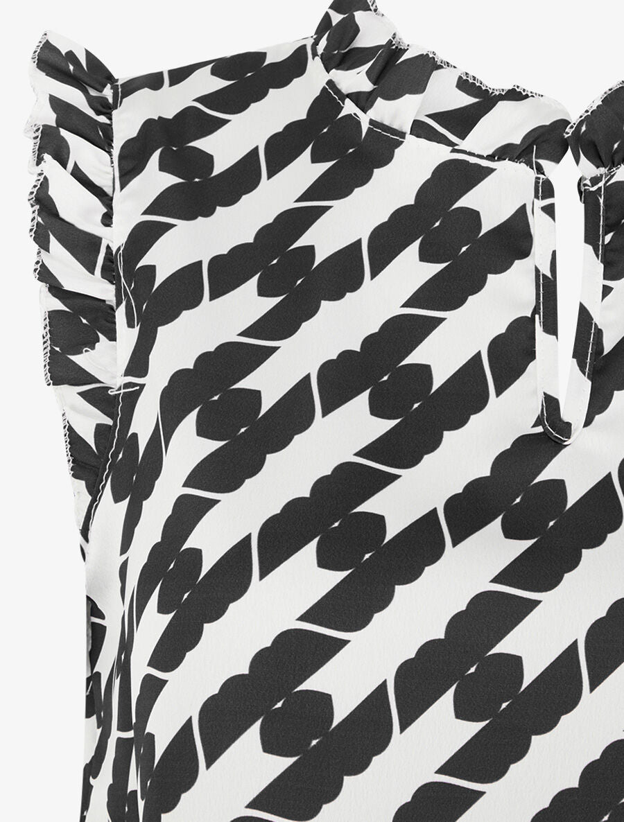 Top satiné sans manches motif fantaisie et volants - Noir - 3