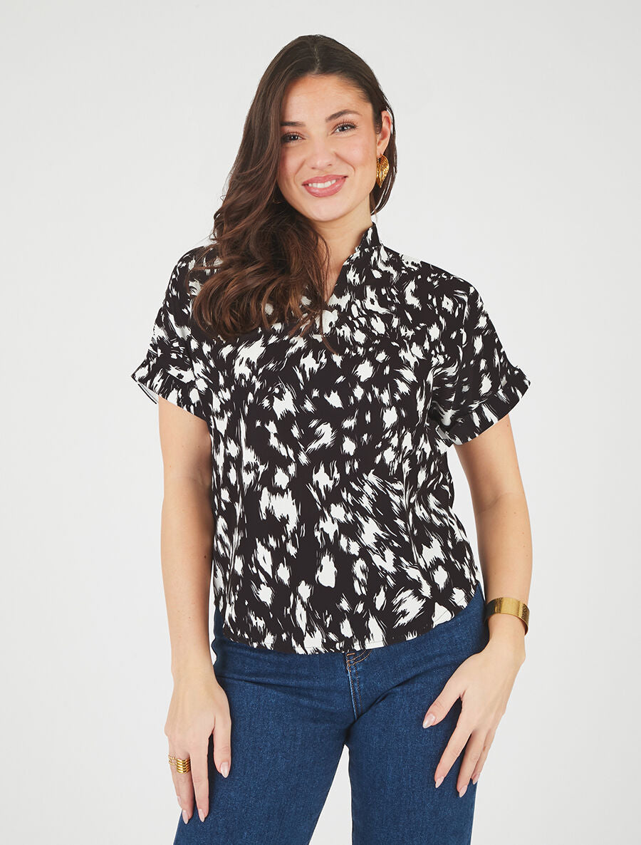 Blouse imprimé abstrait à manches courtes - Noir - 4