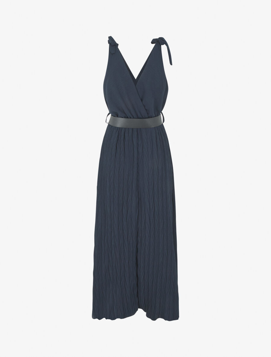 Robe longue à jupe texturée - Marine - 2