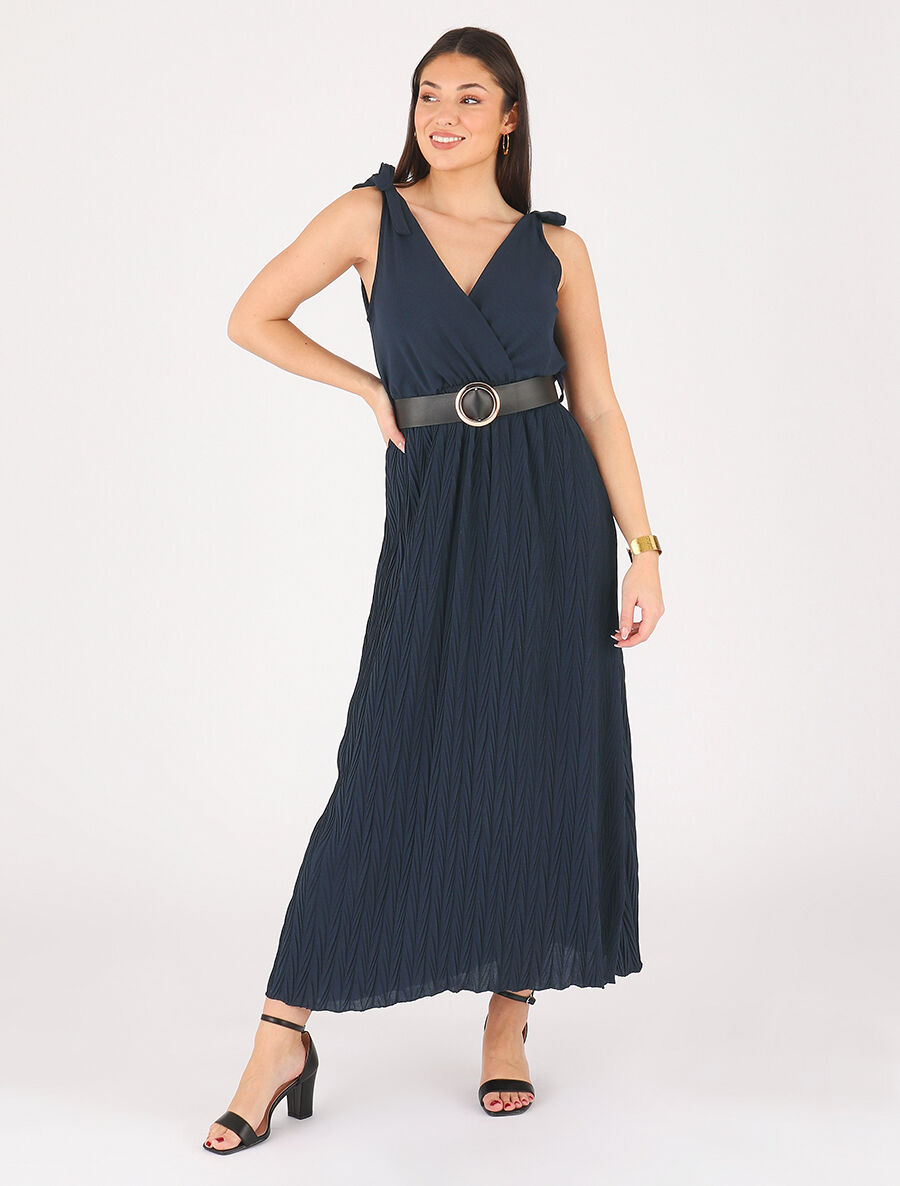 Robe longue à jupe texturée - Marine - 4