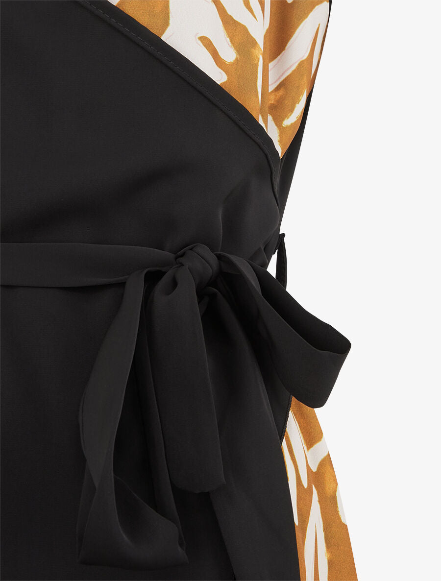 Robe portefeuille sans manches imprimé fantaisie - Noir/moutarde - 3