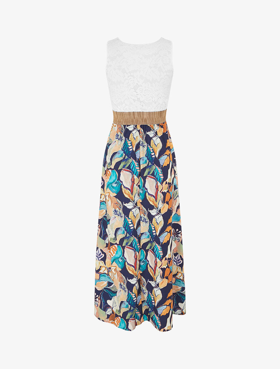 Robe longue bi-matière imprimé feuillage - Marine - 2