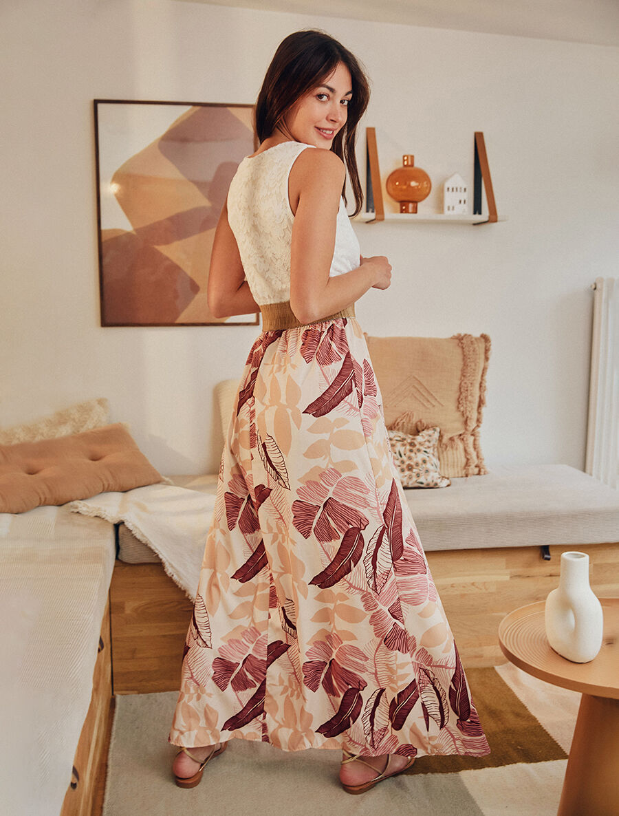 Robe longue bi-matière imprimé feuilles - Beige - 5