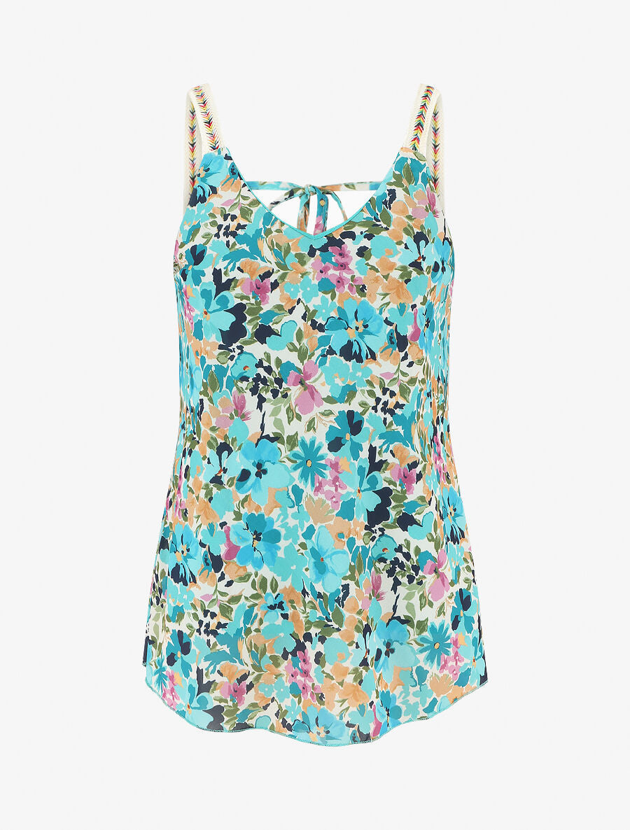 Débardeur motif floral et bretelles fantaisies - Turquoise - 1