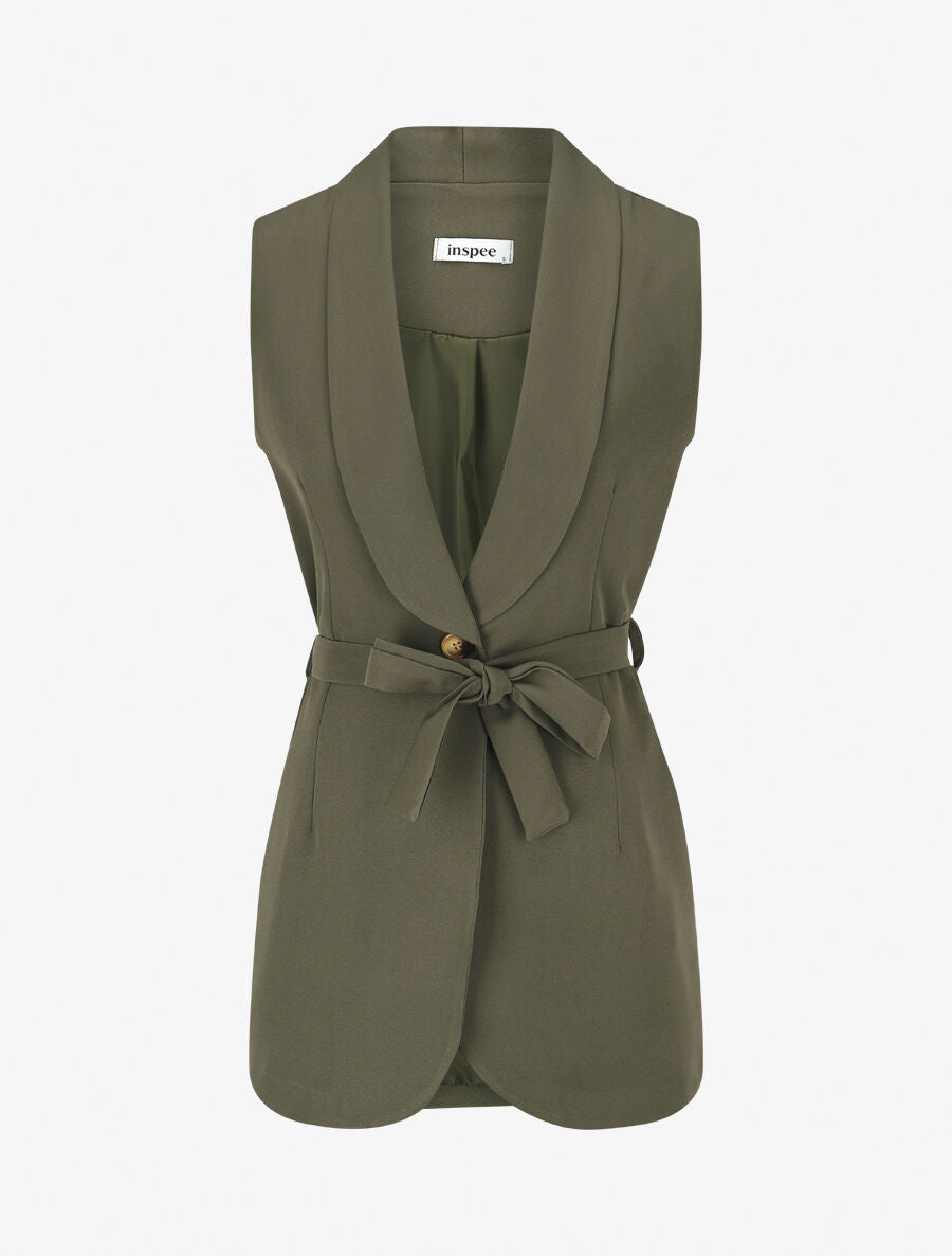 Blazer long uni sans manches - Kaki - 1
