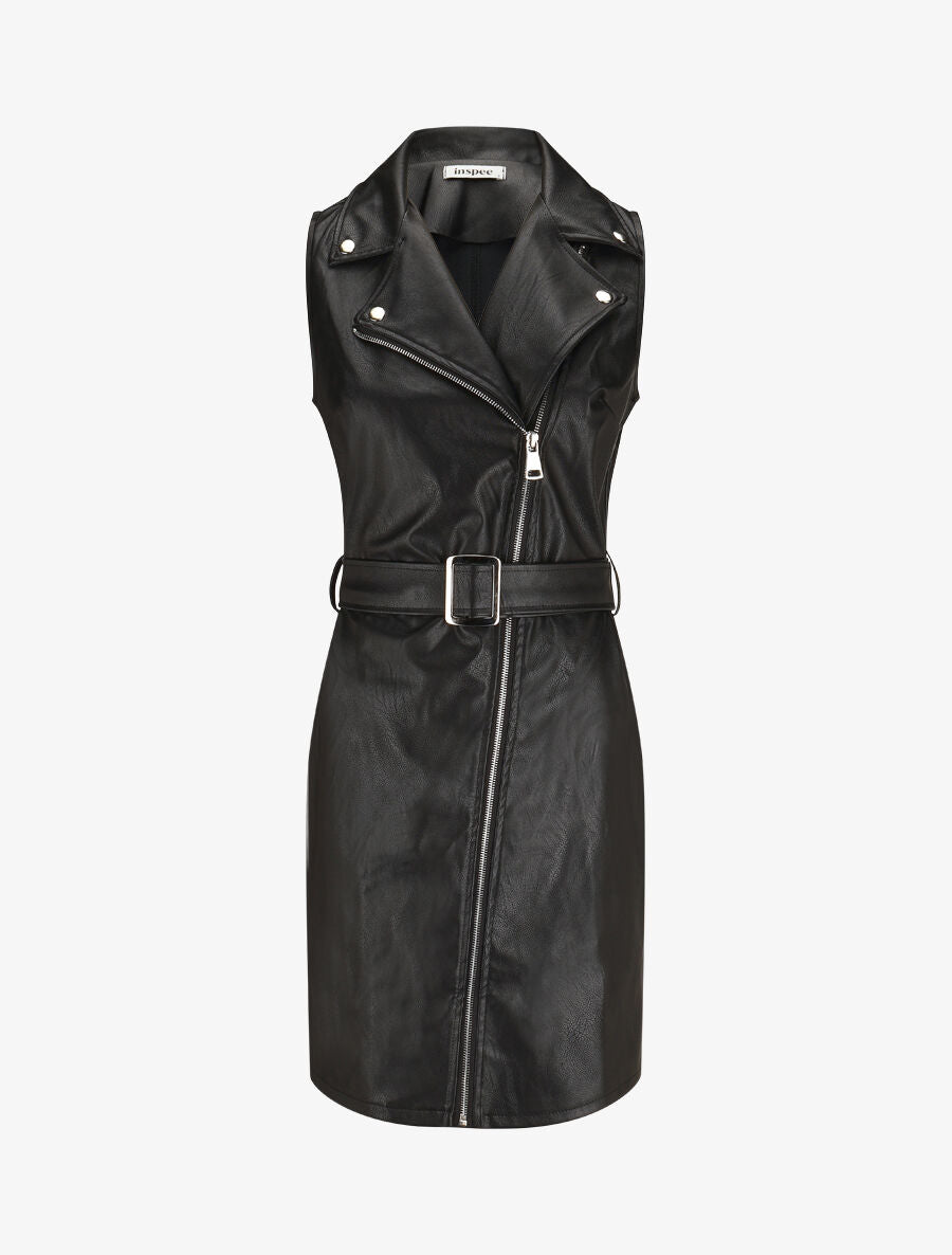 Robe en simili à fermeture zippée et ceinturée - Noir - 1