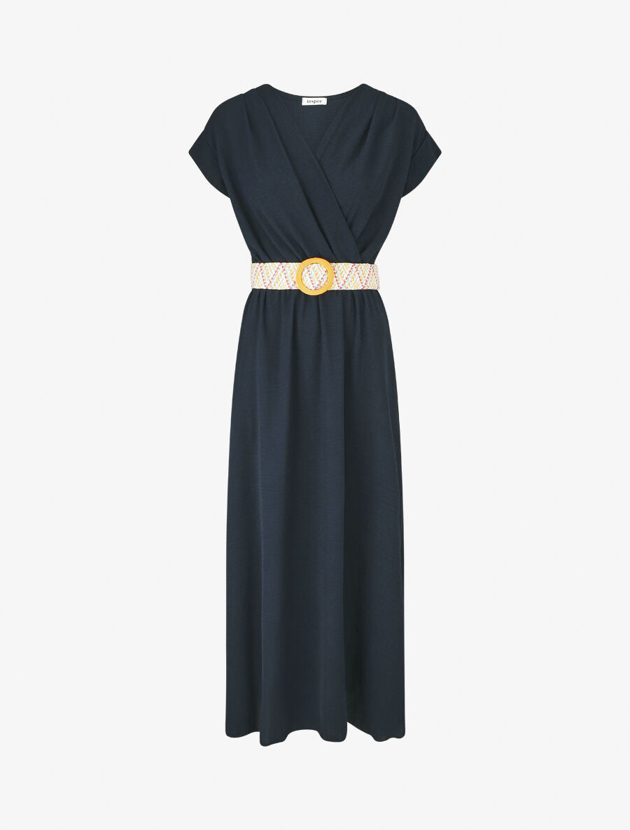 Robe longue unie élastiquée et ceinturée - Marine - 4