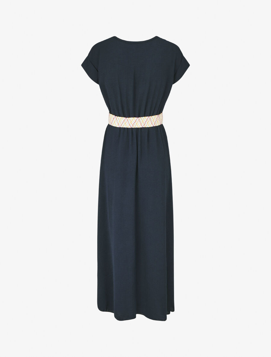 Robe longue unie élastiquée et ceinturée - Marine - 2