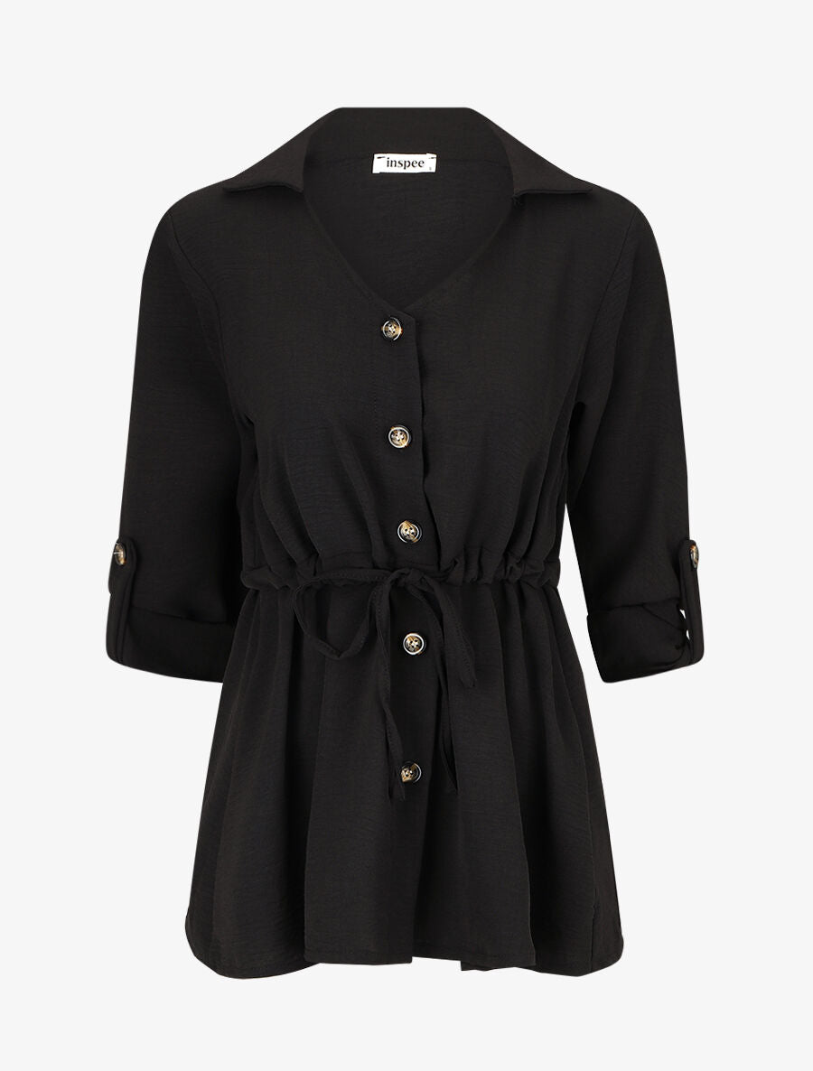 Blouse unie à manches retroussables - Noir - 1