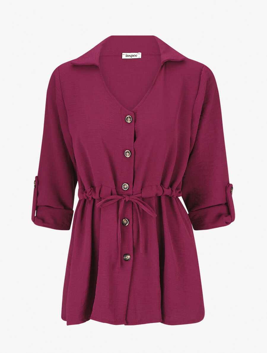 Blouse unie à manches retroussables - Magenta - 4