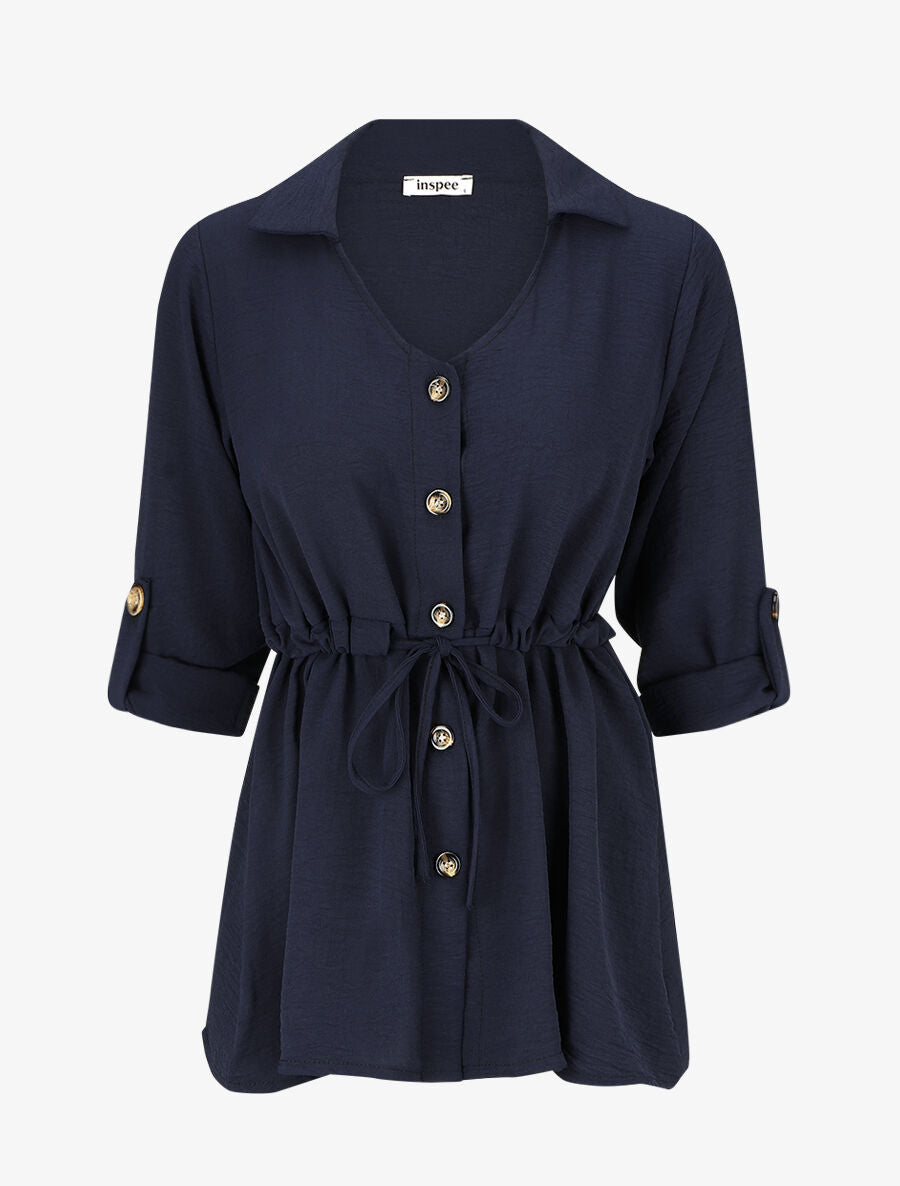 Blouse unie à manches retroussables - Marine - 1
