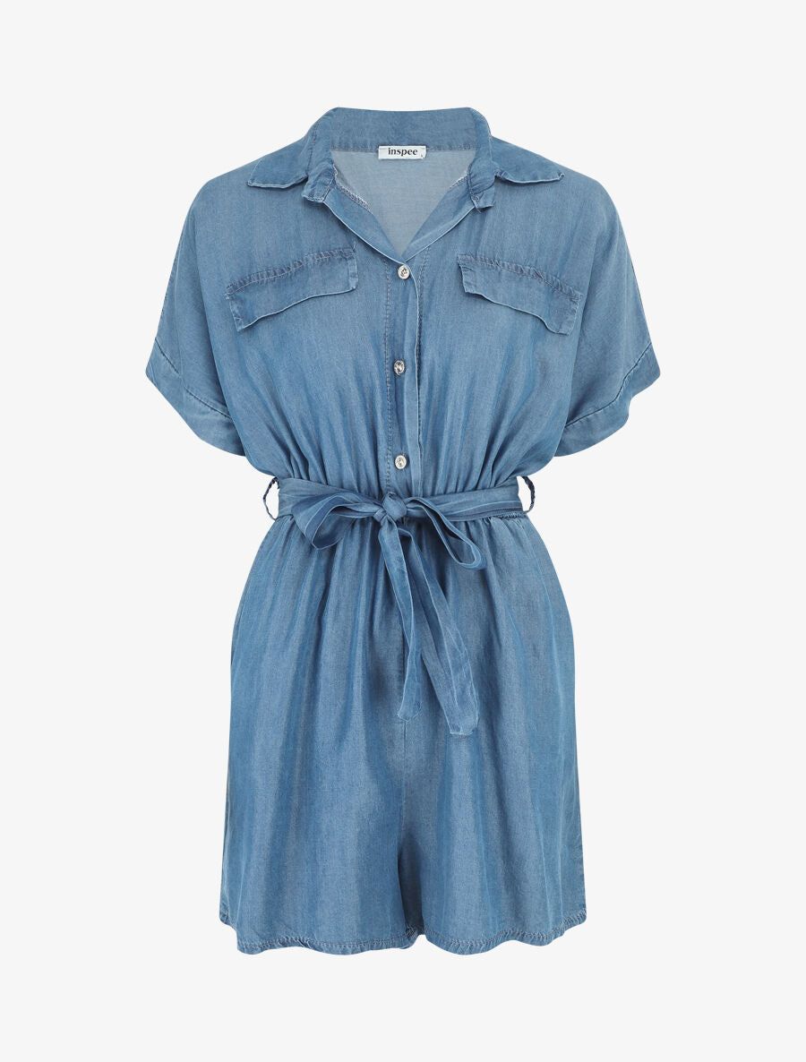 Combishort style chemise manches courtes - Bleu clair - 1