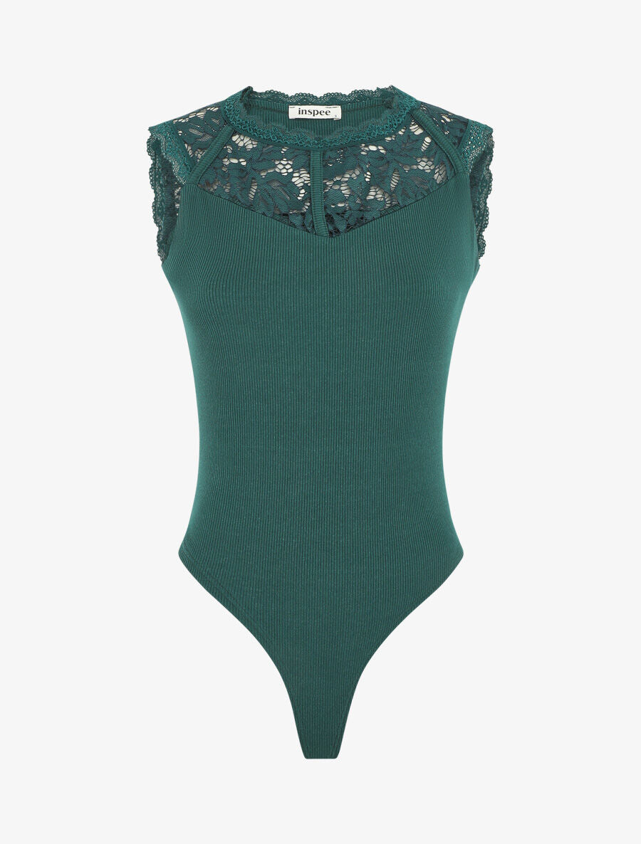Body côtelé sans manches à dentelle - Vert sapin - 4