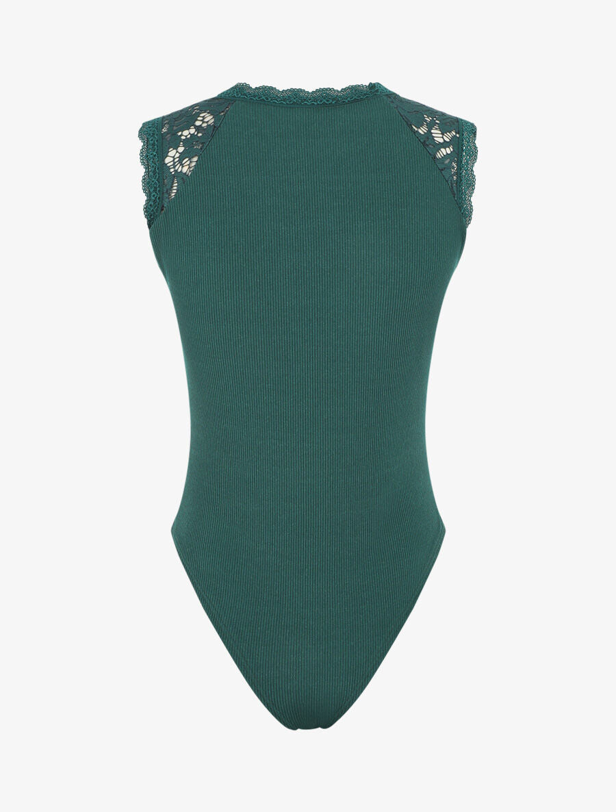 Body côtelé sans manches à dentelle - Vert sapin - 2