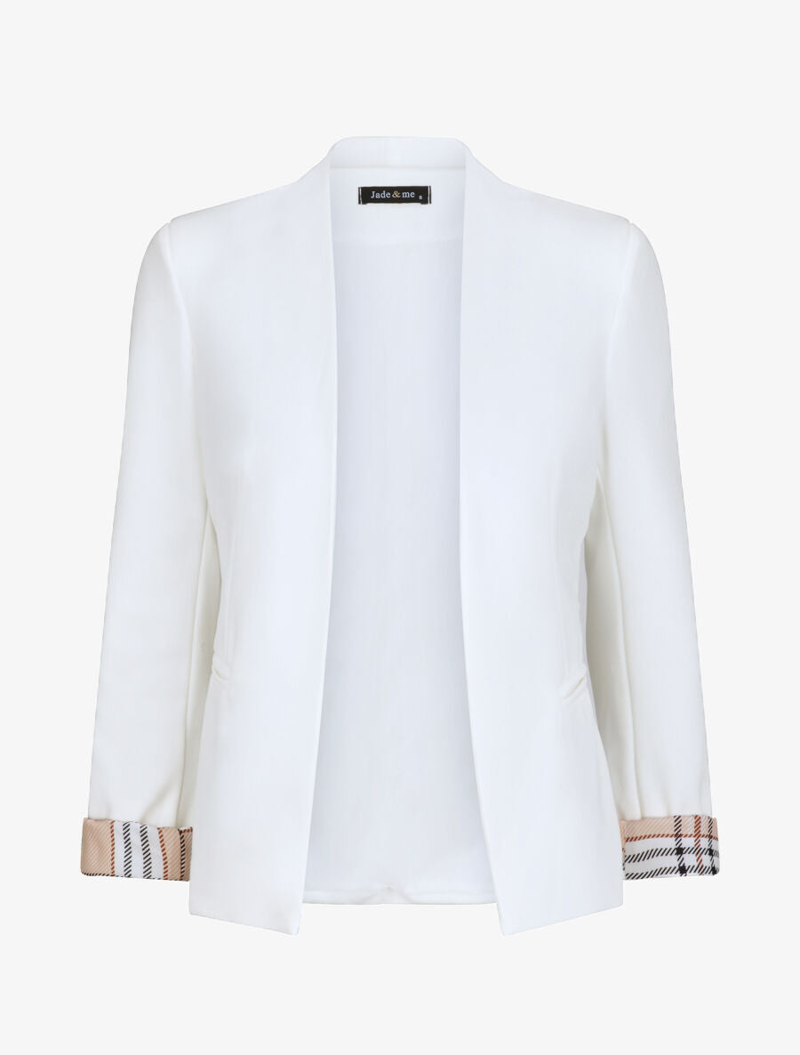 Blazer slim uni à revers imprimé carreaux - Blanc - 4