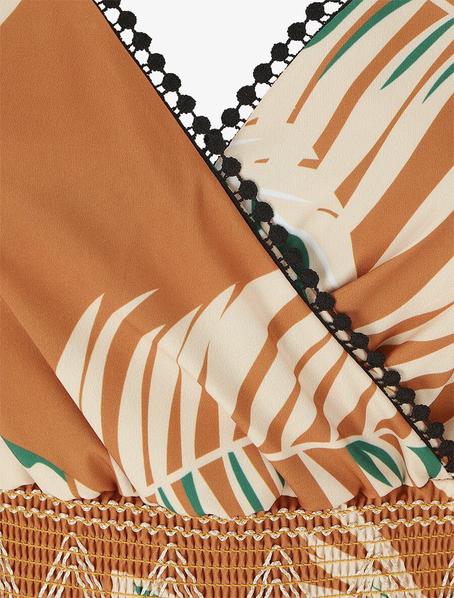 Robe empire imprimé feuilles - Camel - 3