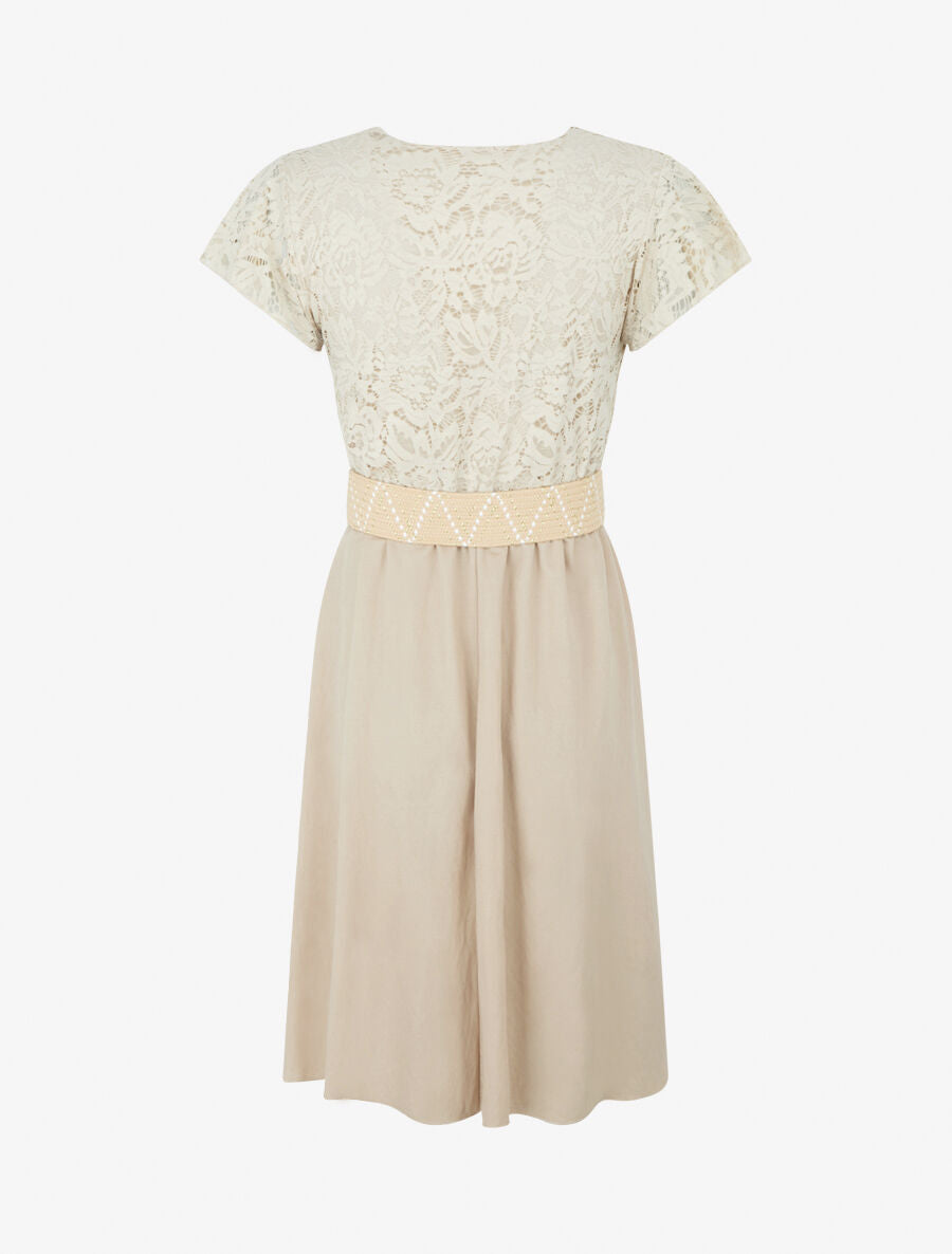 Robe mi-longue à buste brodé - Beige - 2