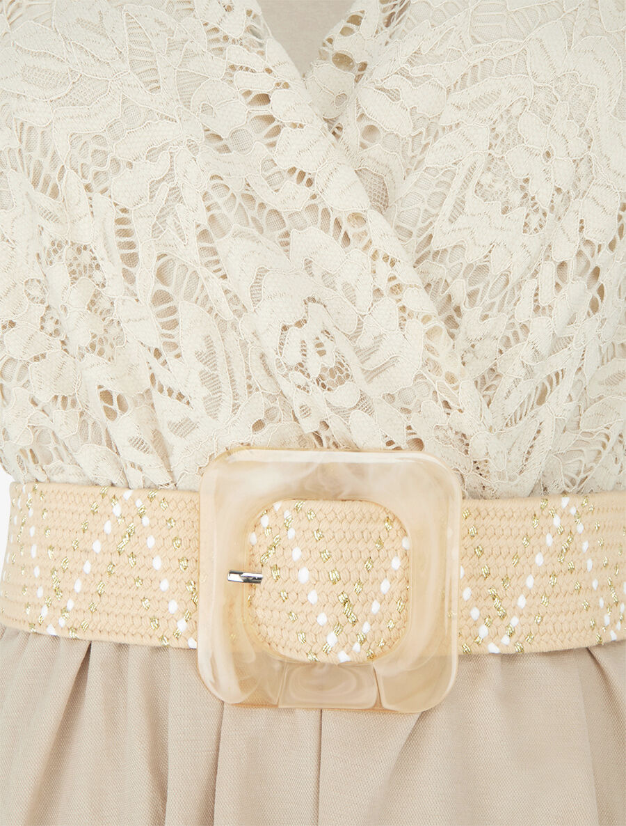 Robe mi-longue à buste brodé - Beige - 3