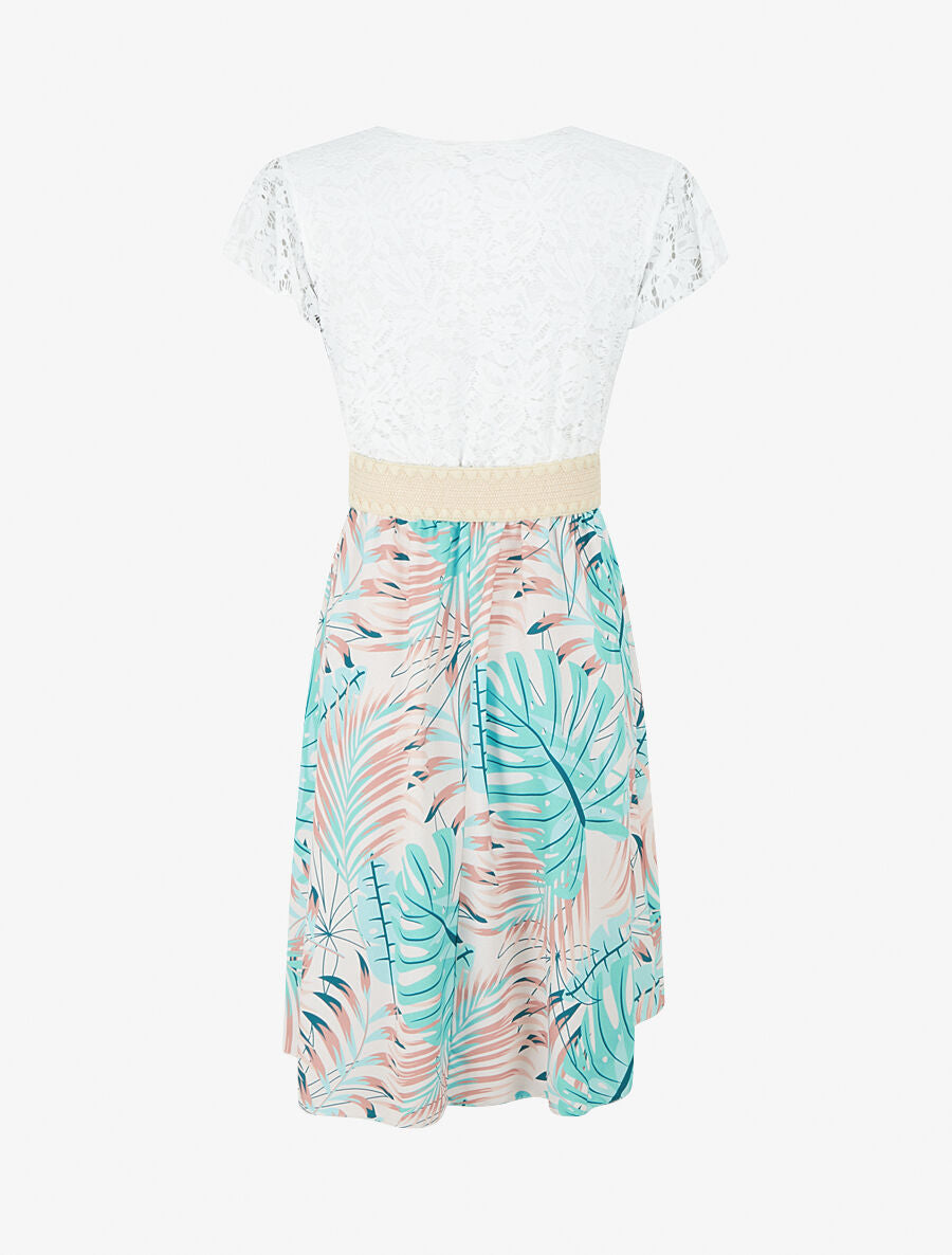 Robe mi-longue à jupe imprimé tropical - Vert d&