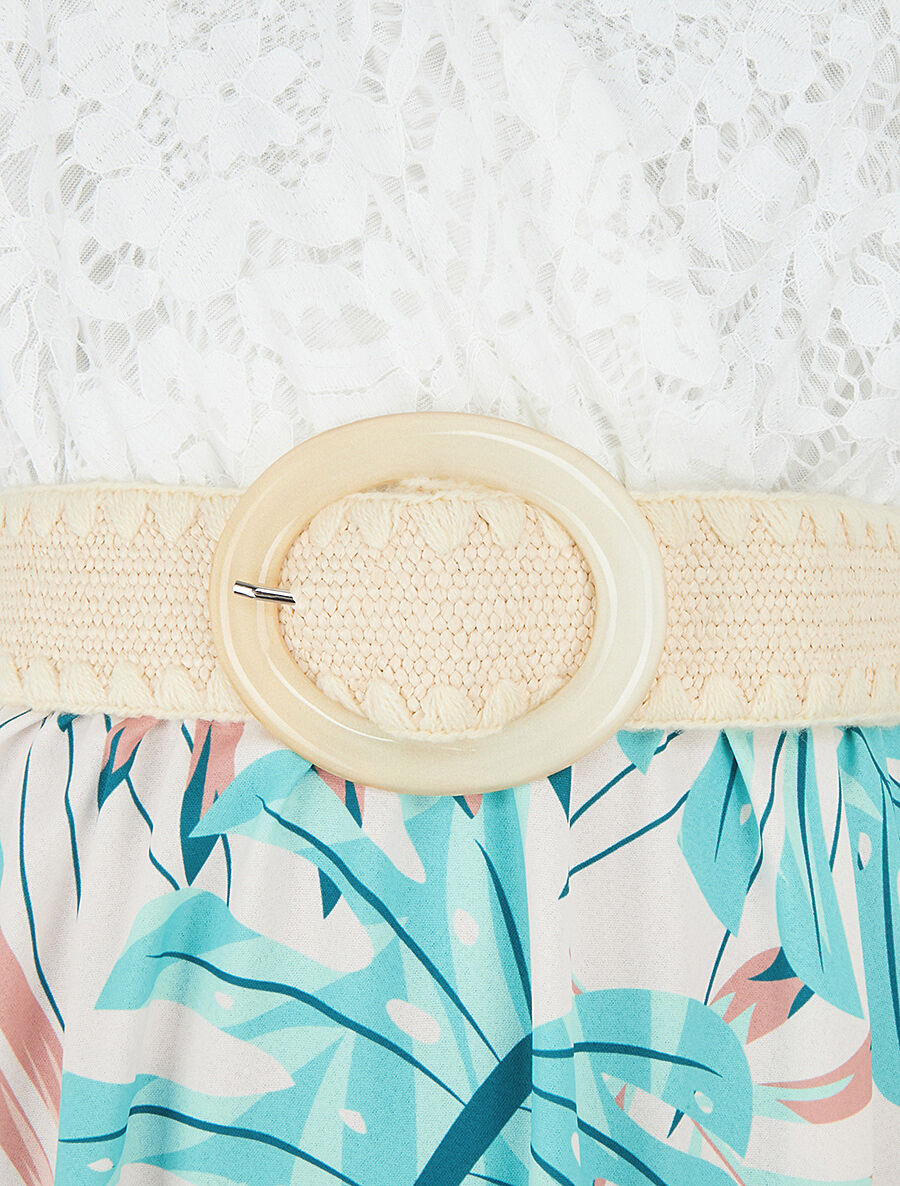Robe mi-longue à jupe imprimé tropical - Vert d&