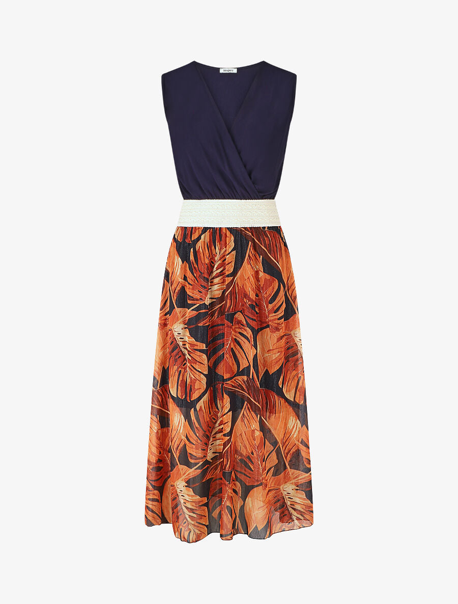 Robe longue bi-matière sans manches imprimé tropique - Marine - 5