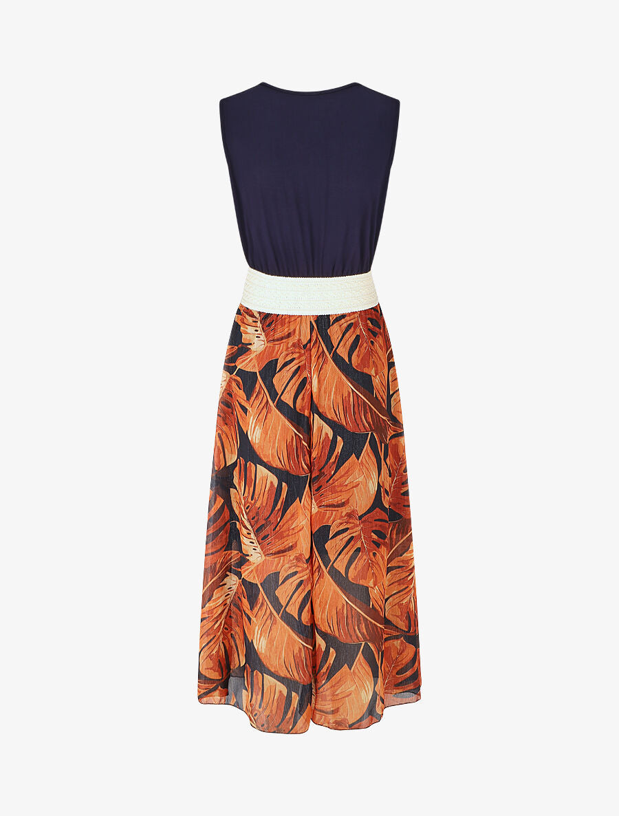 Robe longue bi-matière sans manches imprimé tropique - Marine - 2