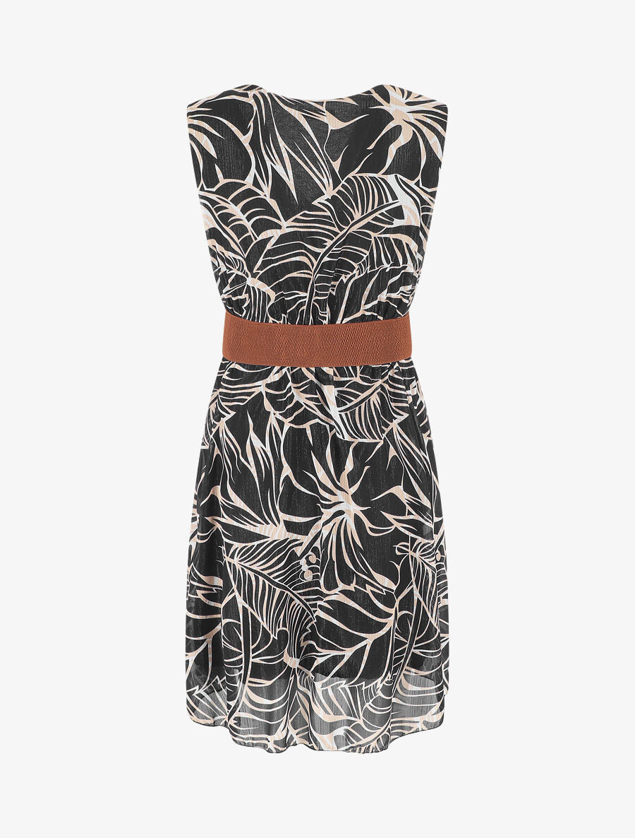 Robe élastiquée sans manches imprimé feuillage irisé - Noir - 2