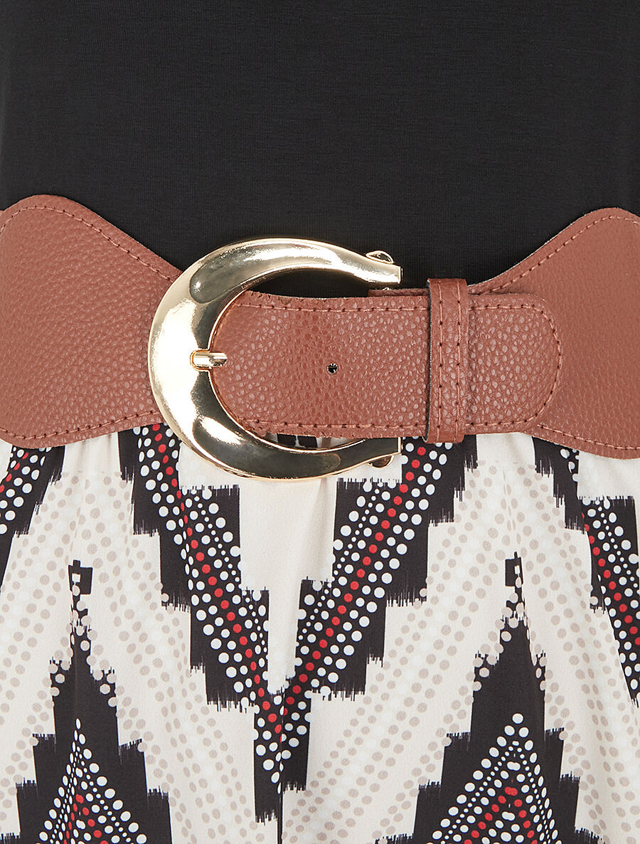 Robe longue évasée bi-matière imprimé graphique - Beige - 3