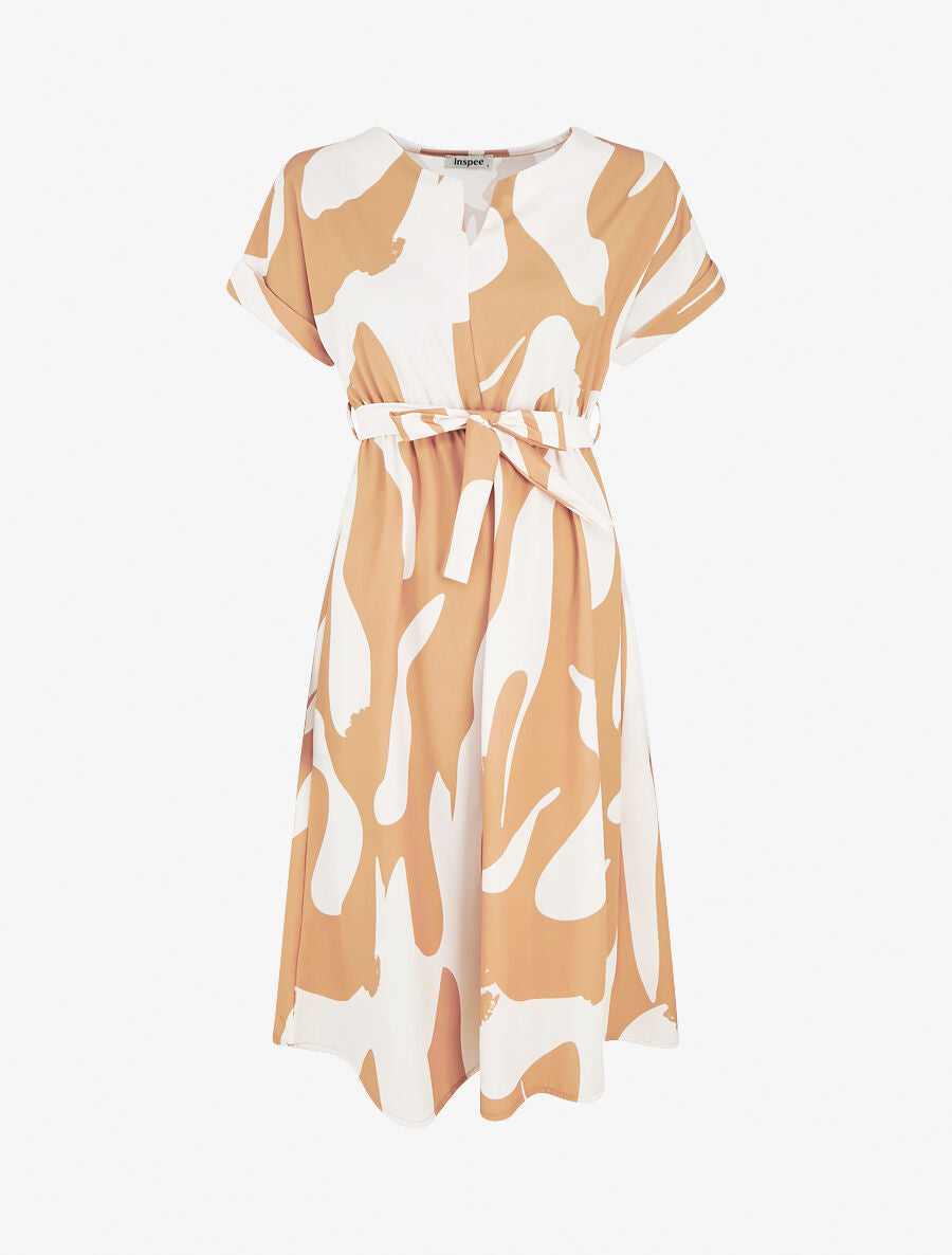 Robe élastiquée imprimé abstrait - Camel - 5