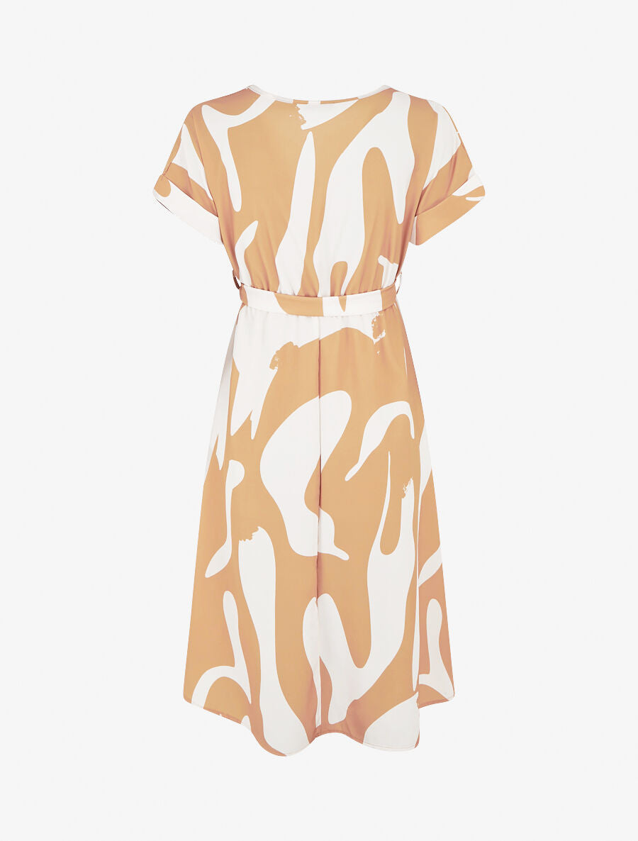 Robe élastiquée imprimé abstrait - Camel - 2