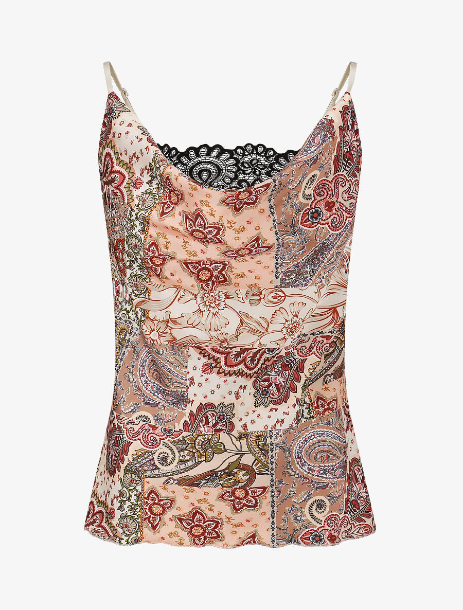 Top imprimé foulard à col bénitier - Beige - 1