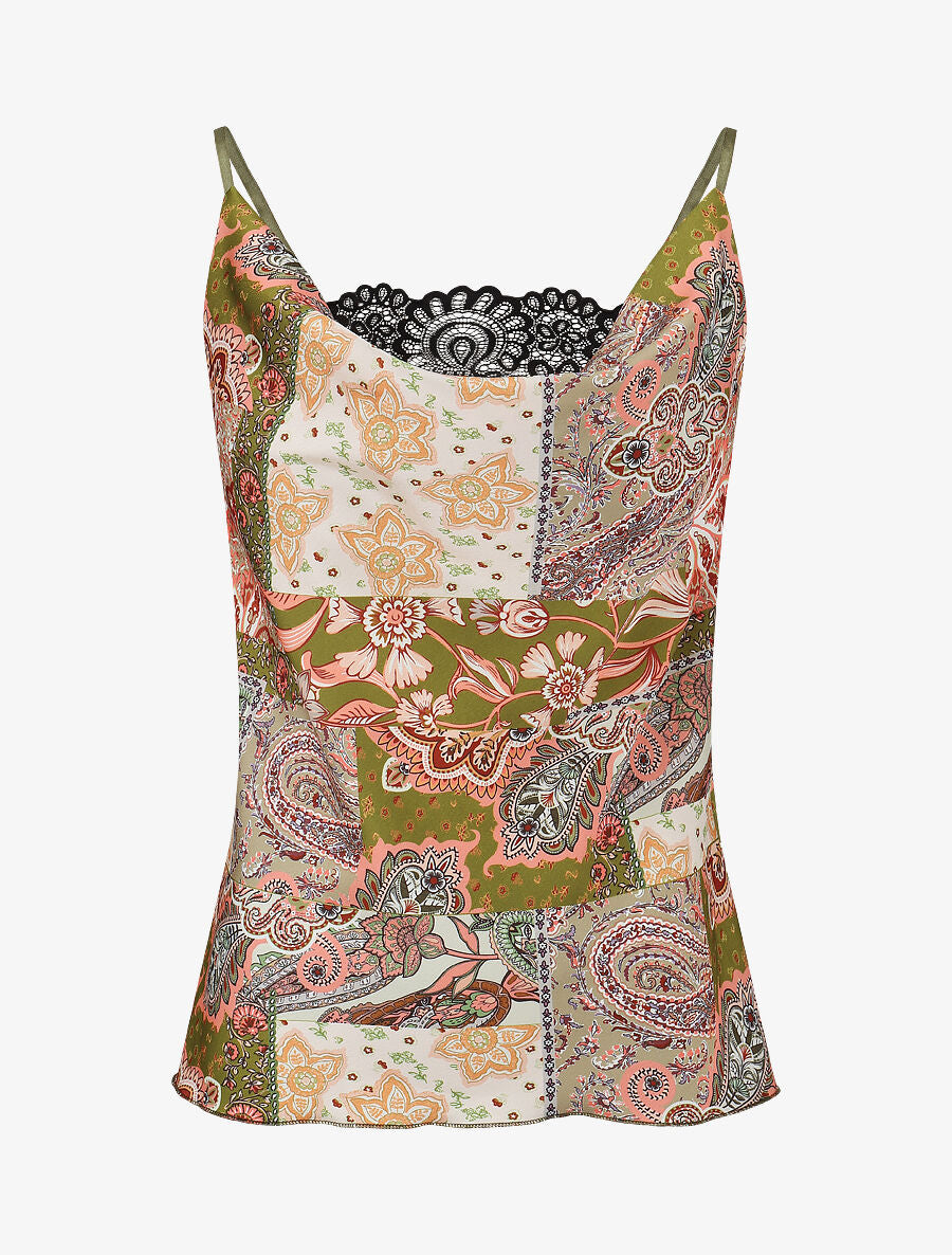 Top imprimé foulard à col bénitier - Kaki - 1