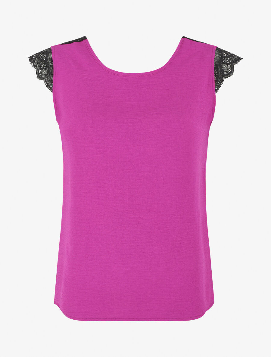 Top uni à détail dentelle - Magenta - 1