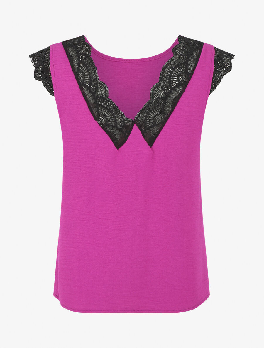 Top uni à détail dentelle - Magenta - 2