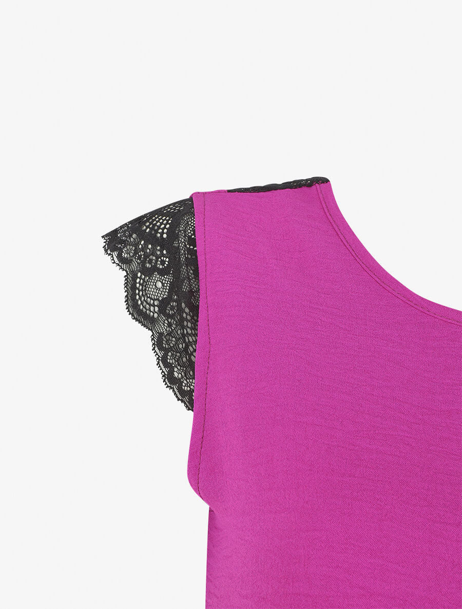 Top uni à détail dentelle - Magenta - 3