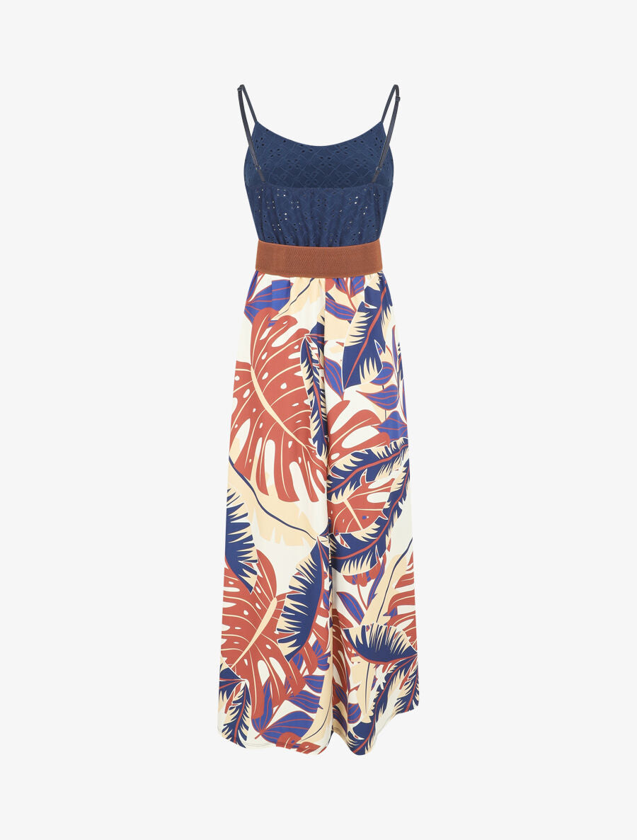 Robe longue bi-matière imprimé tropical - Marine - 2