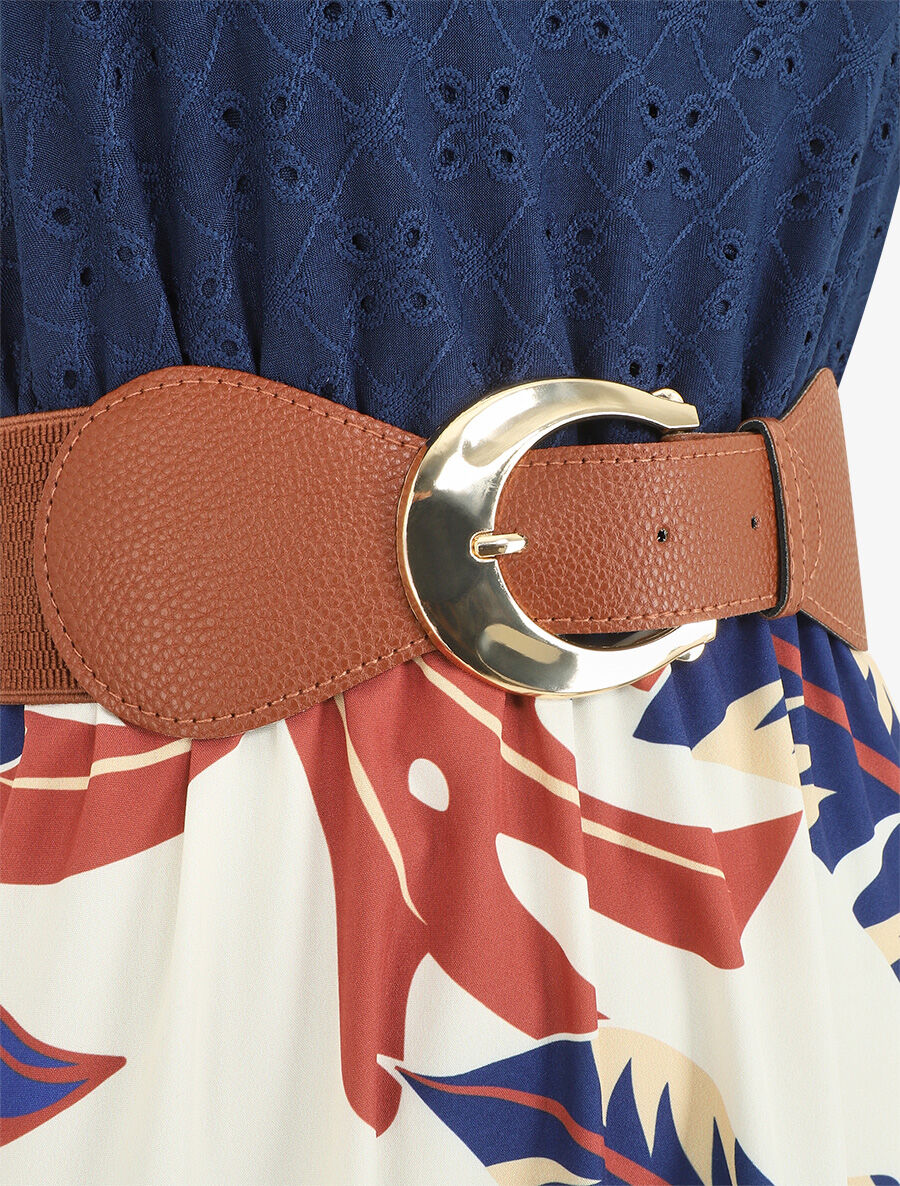 Robe longue bi-matière imprimé tropical - Marine - 3