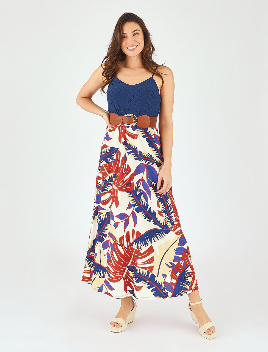 Robe longue bi-matière imprimé tropical - Marine - 4