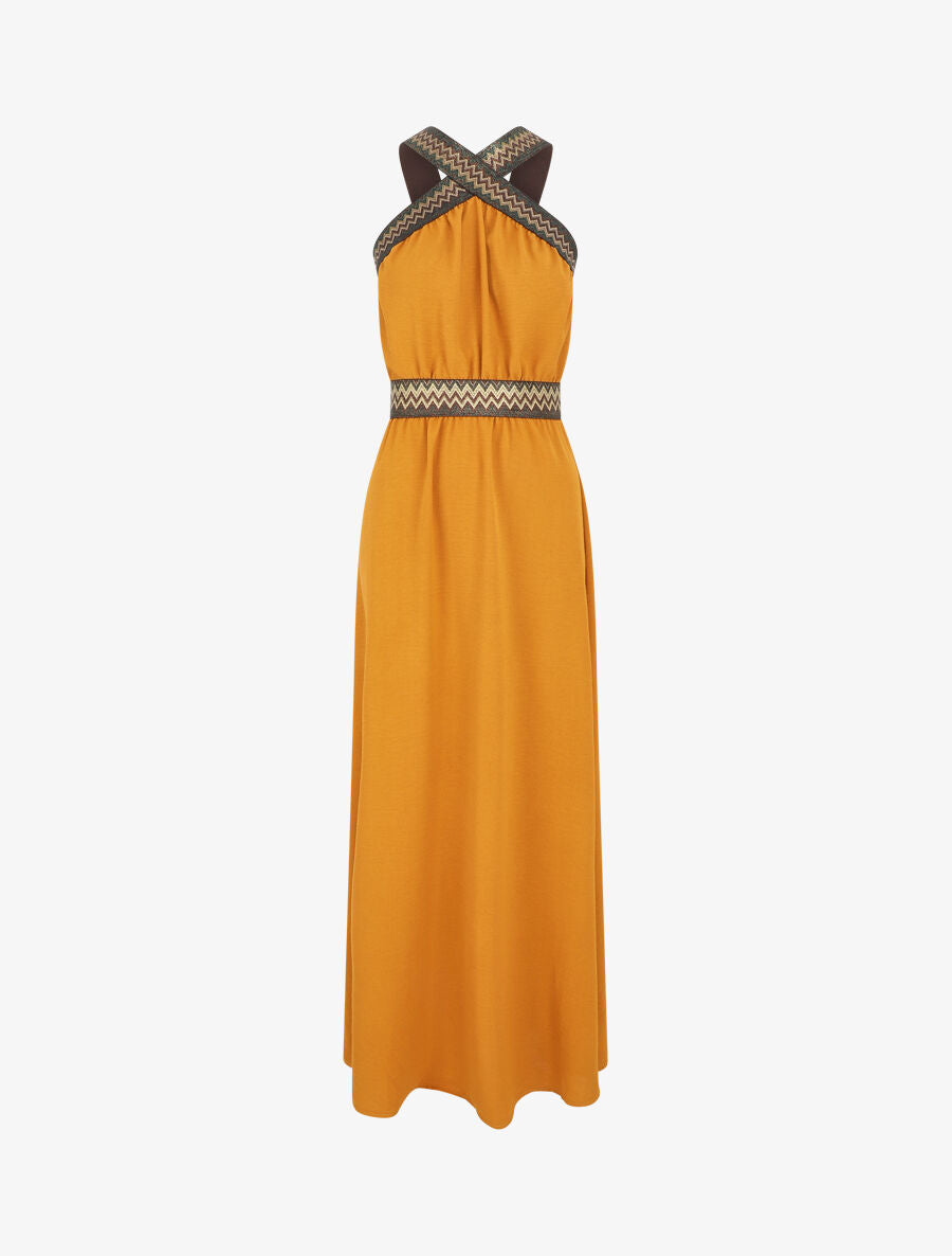 Robe longue unie col américain fantaisie - Moutarde - 5