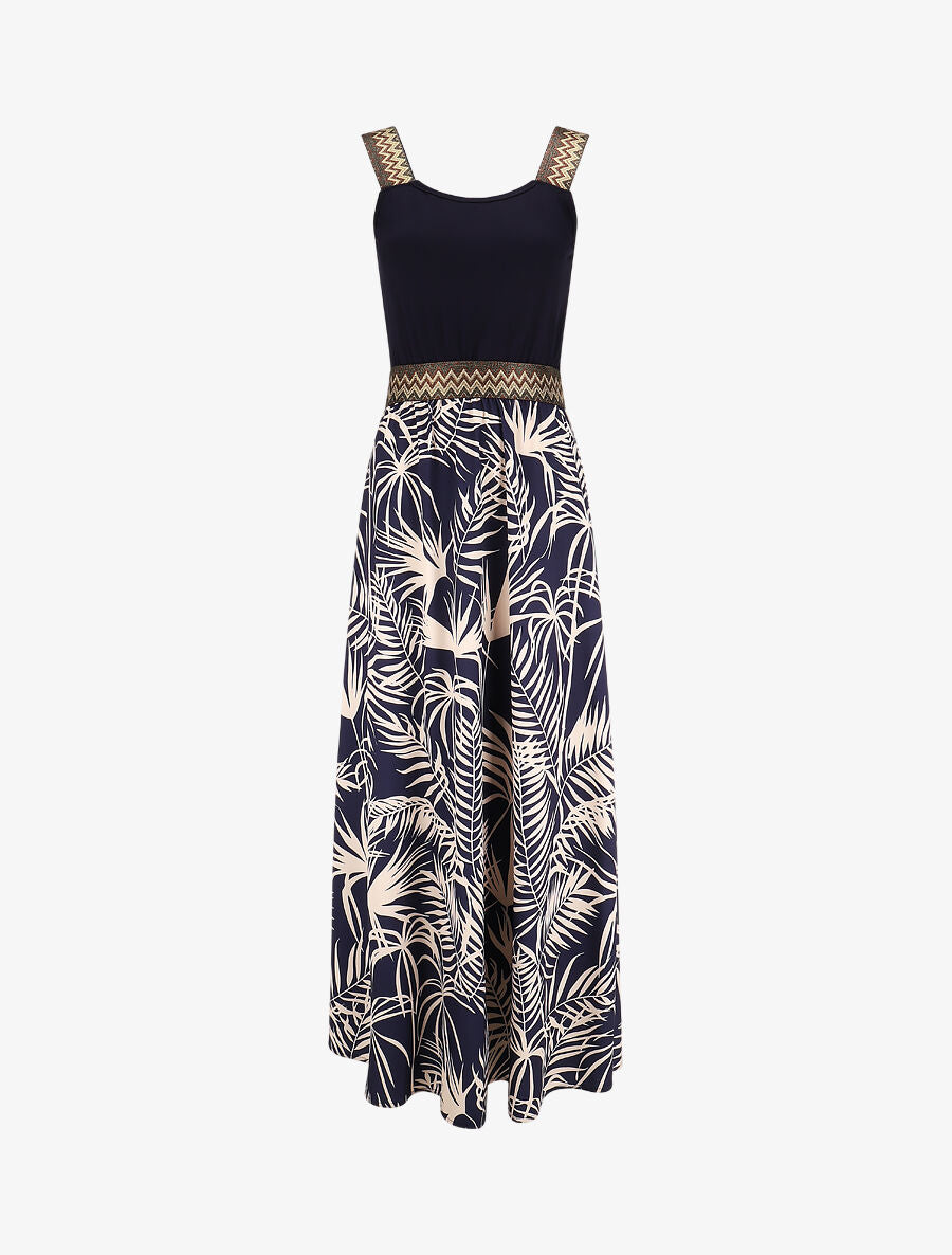 Robe longue à bretelles imprimé plantes tropicales - Marine - 6