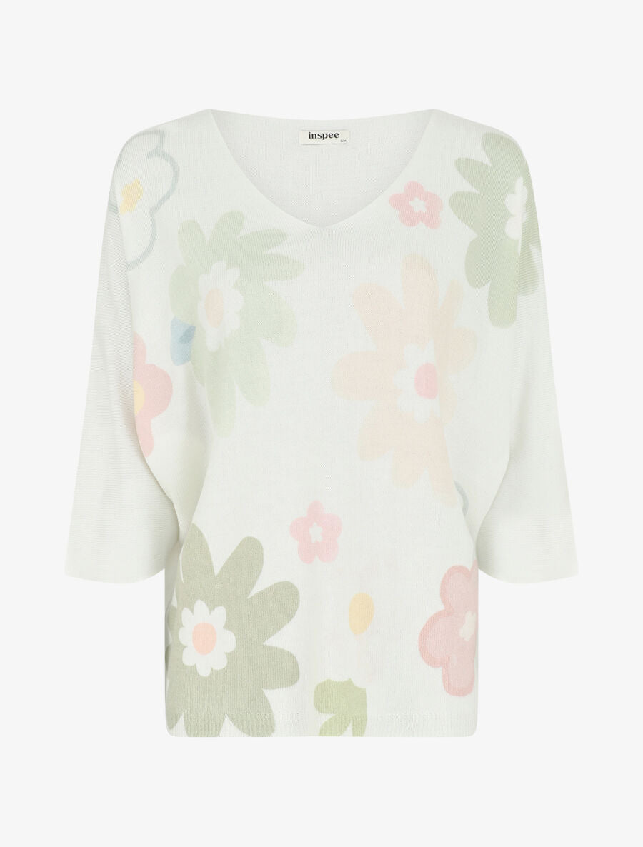 Pull imprimé fleurs à manches chauves-souris - Vert - 1