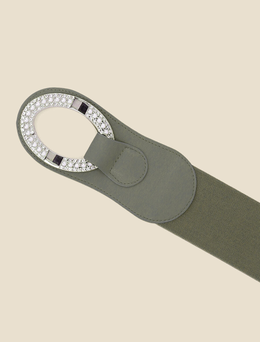 Ceinture bi-matière à boucle ornée de strass et de perles - Kaki - 2
