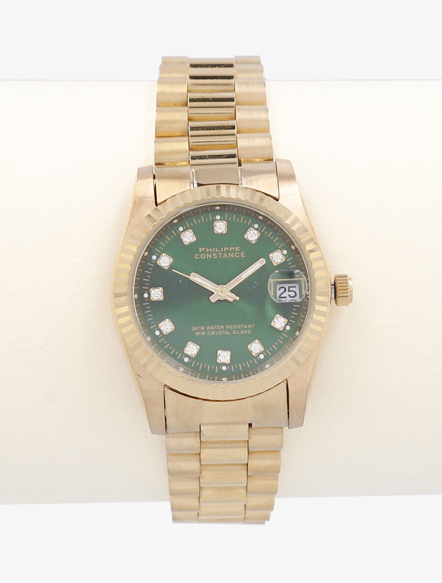 Montre en acier à strass - Vert/or - 2