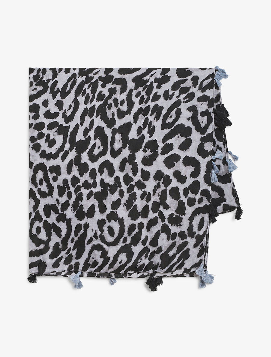Foulard à imprimé léopard et pampilles - Gris - 2