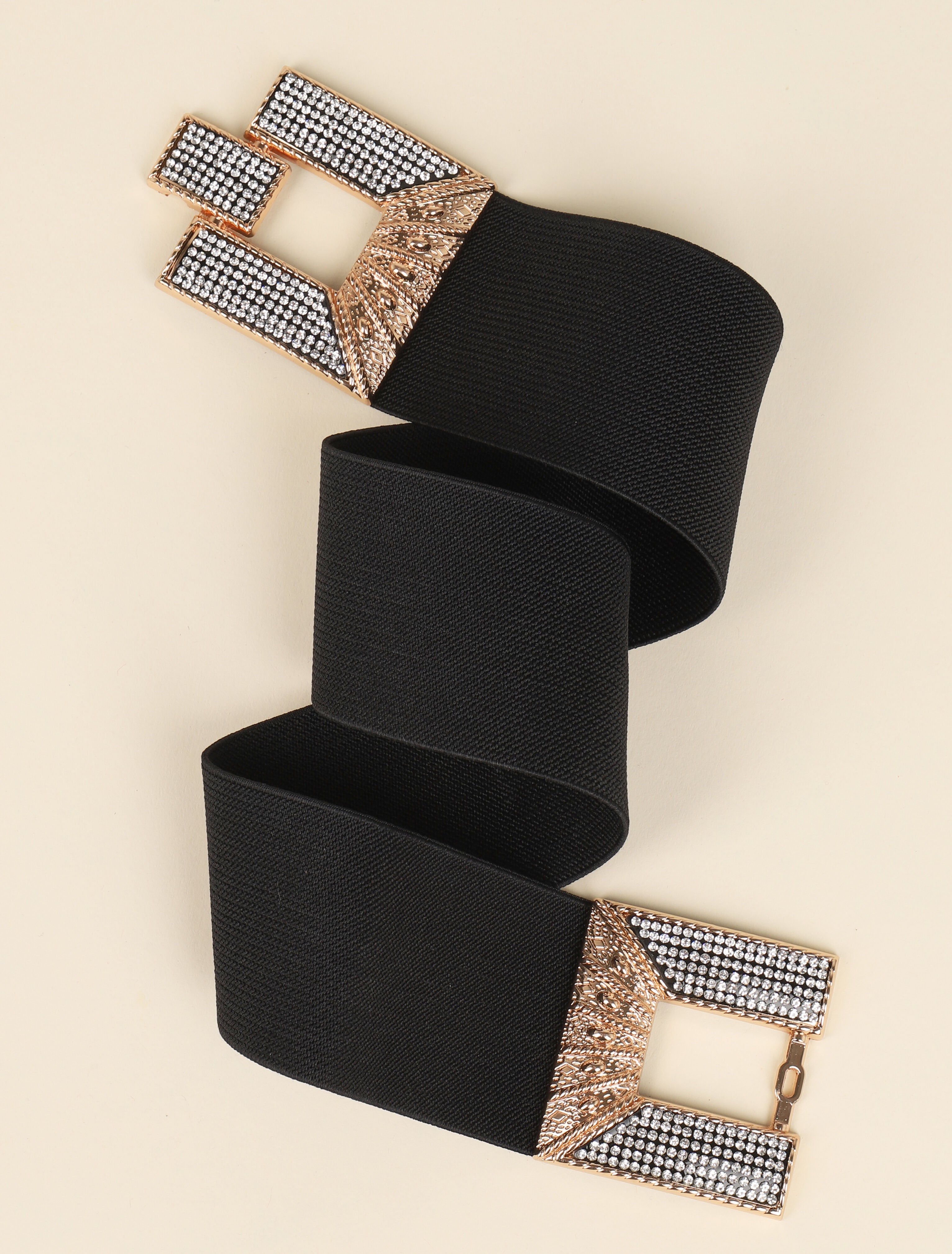 Ceinture stretch à boucles rectangulaires texturées à strass - Noir/dorée - 1