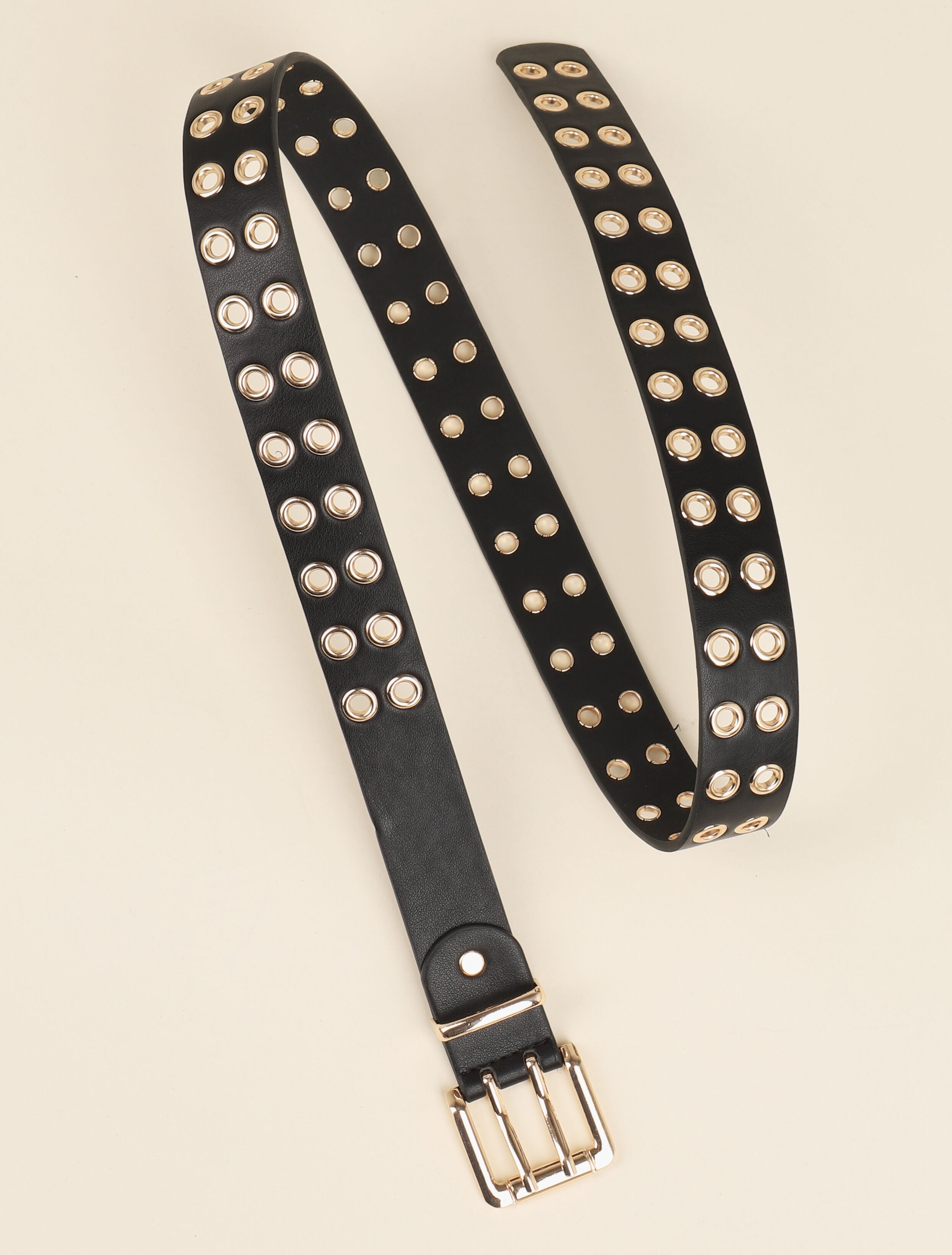 Ceinture en simili à oeillets et double ardillon - Noir/dorée - 1