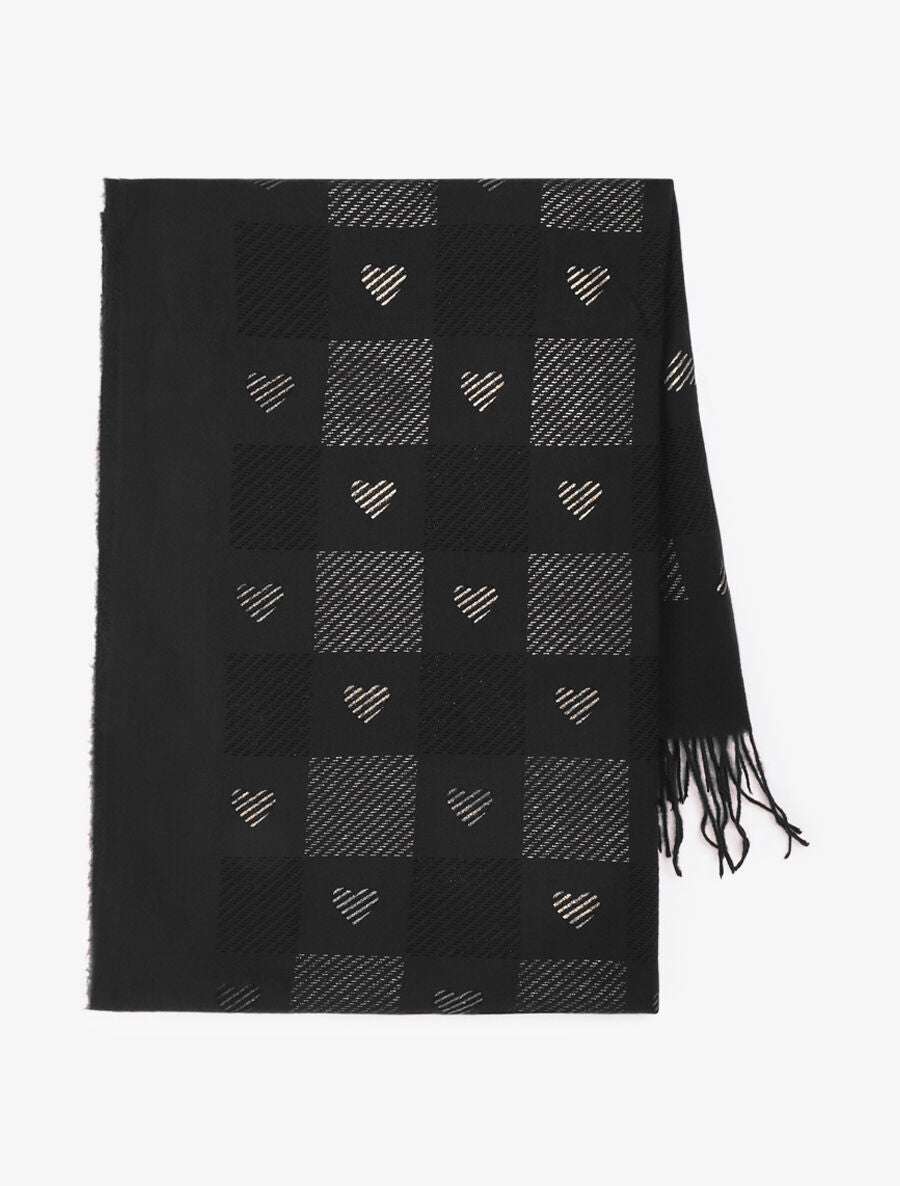 Echarpe à carreaux et motif coeur - Noir - 2