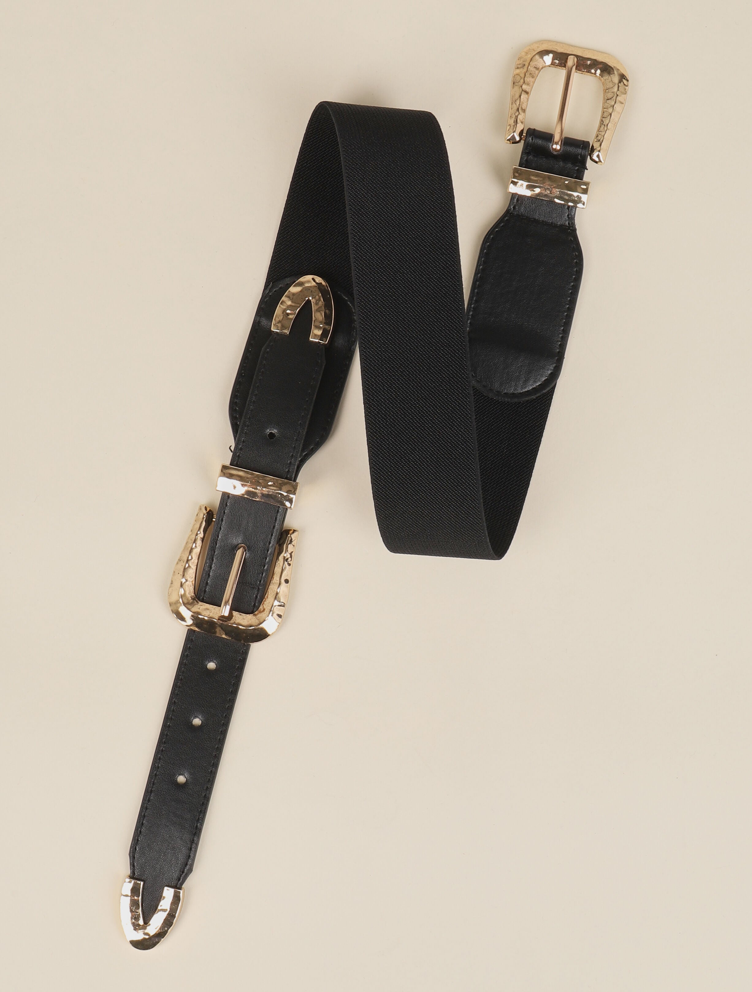 Ceinture à double boucles martelées - Noir/dorée - 2