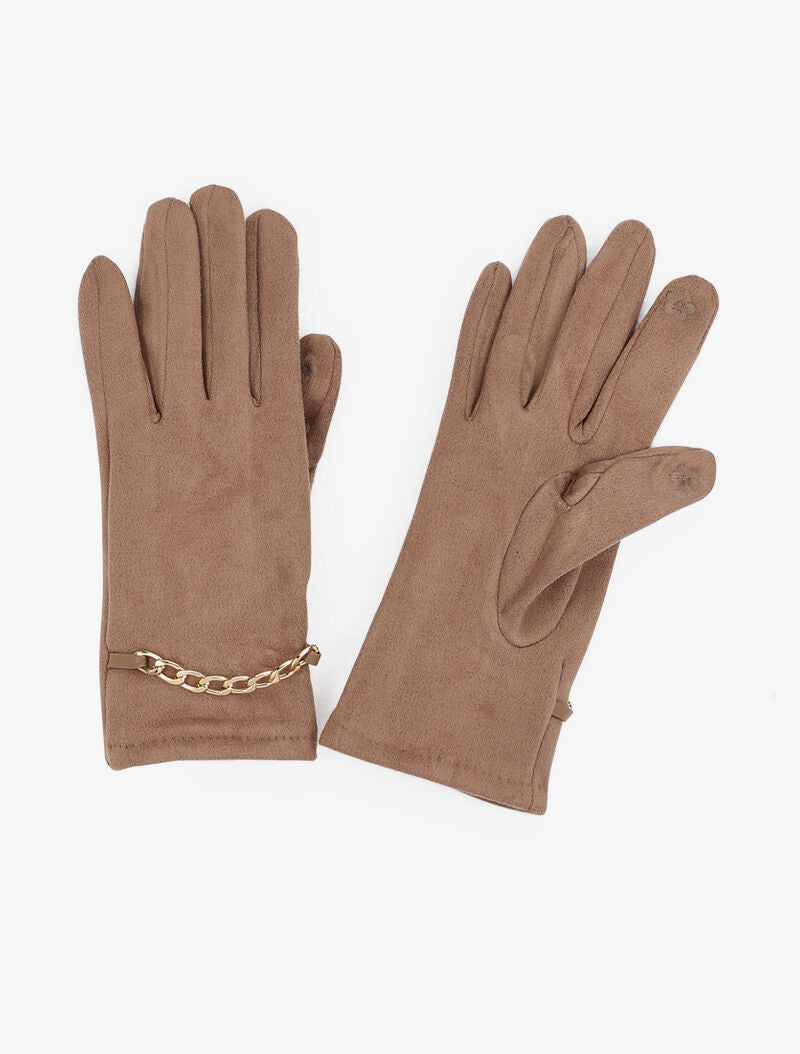 Gants en suédine à détail chaîne - Beige - 3